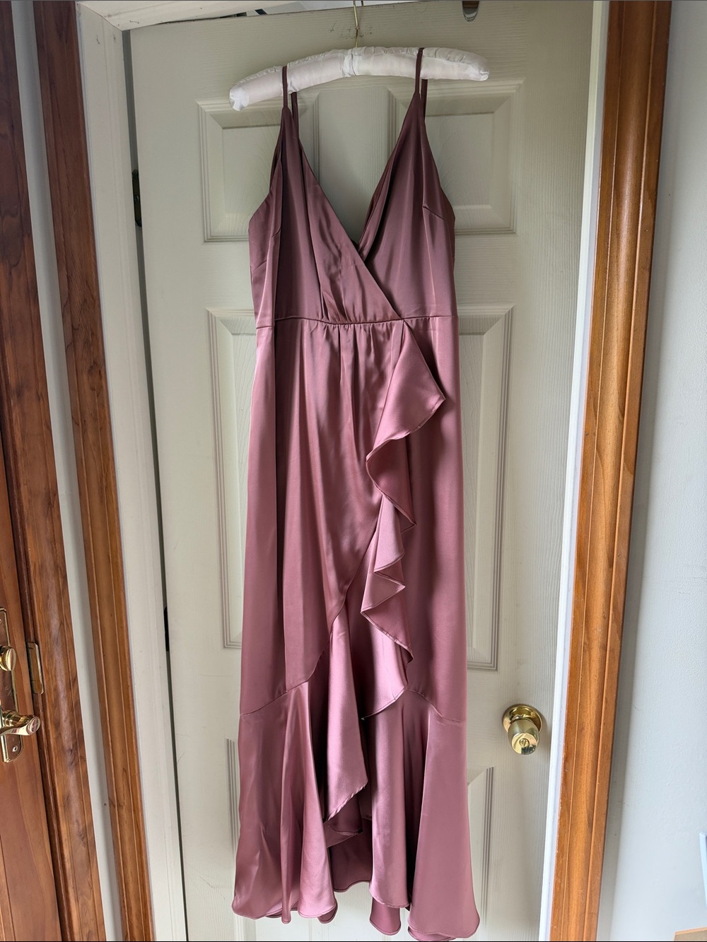Lulu's Mauve Satin Ruffle V-Neck Maxi Dress